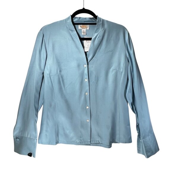 NWOT Talbots Womens 10 Blue Silk Wool Blend Blouse Button Up V Neckline Elegant - Picture 1 of 12